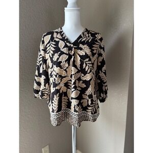 LOMON Womens Medium Black Tan Tropical Leaf V-Neck 3/4 Sleeve Blouse Top